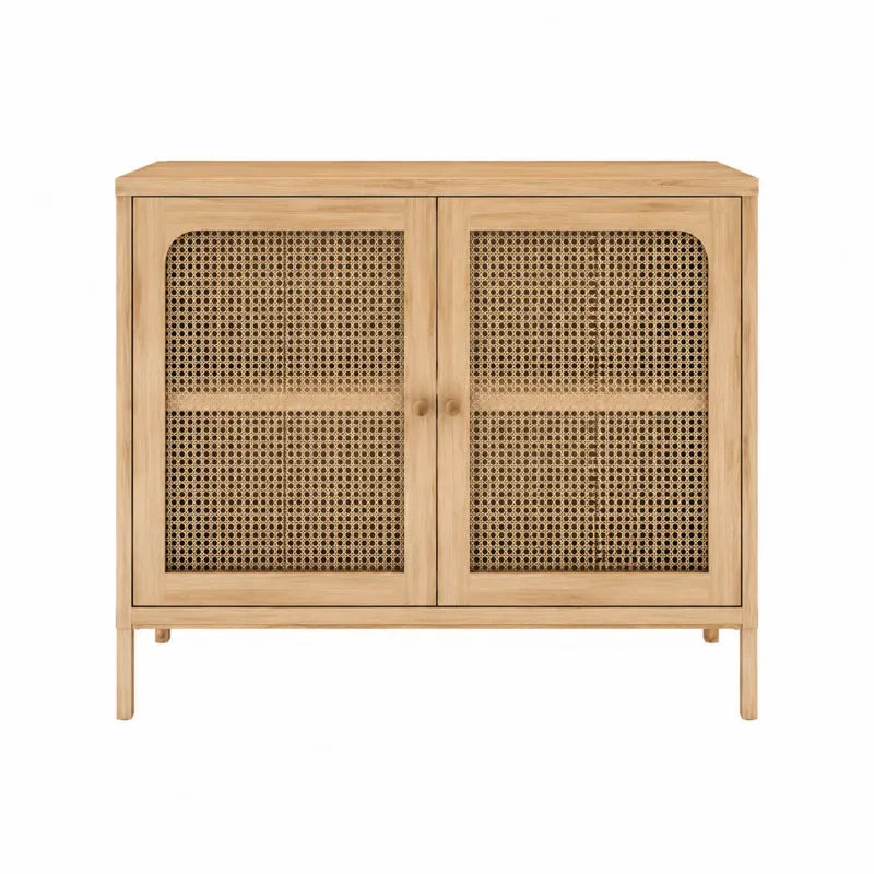 Szafka drewniana z frontami z rattanu, 90x40x80