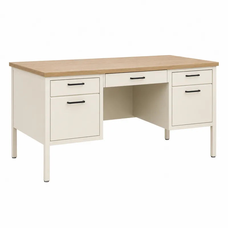 Biurko metalowe z blatem d?bowym i szufladami 150x75x75