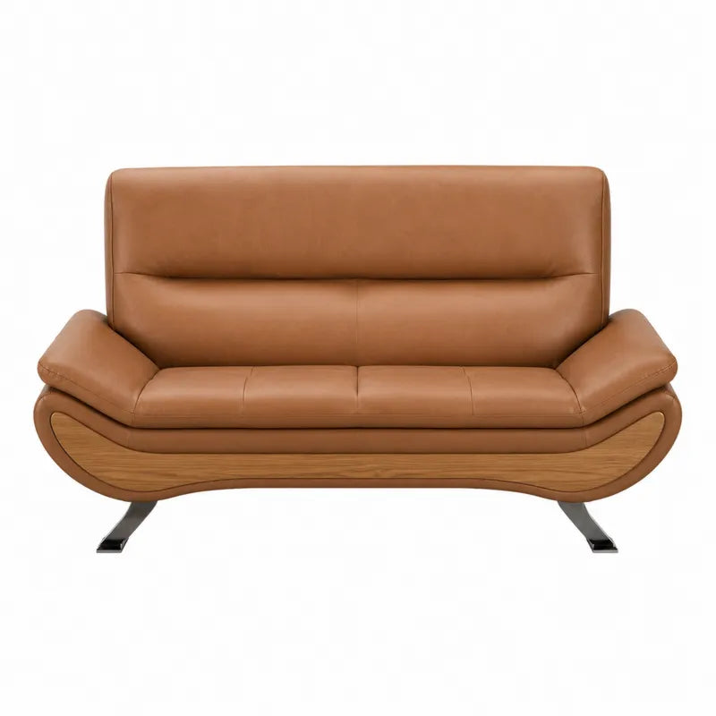 Sofa dwuosobowa z br?zowej sk¨®ry z drewnianymi i metalowymi